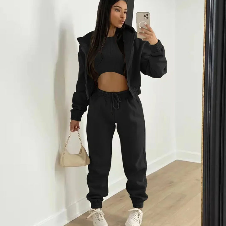 3pcs Women's Clothing Set Fleece-lined Hooded Sweater &Sleeveless Tank Top & Sports Sweatpants Pants