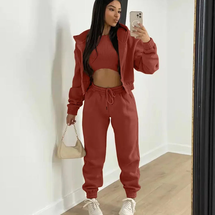 3pcs Women's Clothing Set Fleece-lined Hooded Sweater &Sleeveless Tank Top & Sports Sweatpants Pants