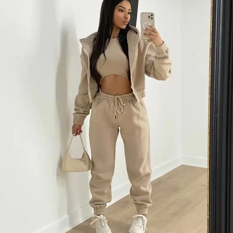 3pcs Women's Clothing Set Fleece-lined Hooded Sweater &Sleeveless Tank Top & Sports Sweatpants Pants