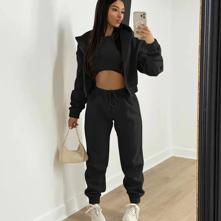 3pcs Women's Clothing Set Fleece-lined Hooded Sweater &Sleeveless Tank Top & Sports Sweatpants Pants