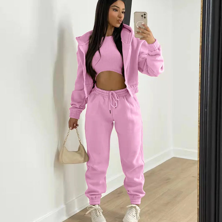 3pcs Women's Clothing Set Fleece-lined Hooded Sweater &Sleeveless Tank Top & Sports Sweatpants Pants