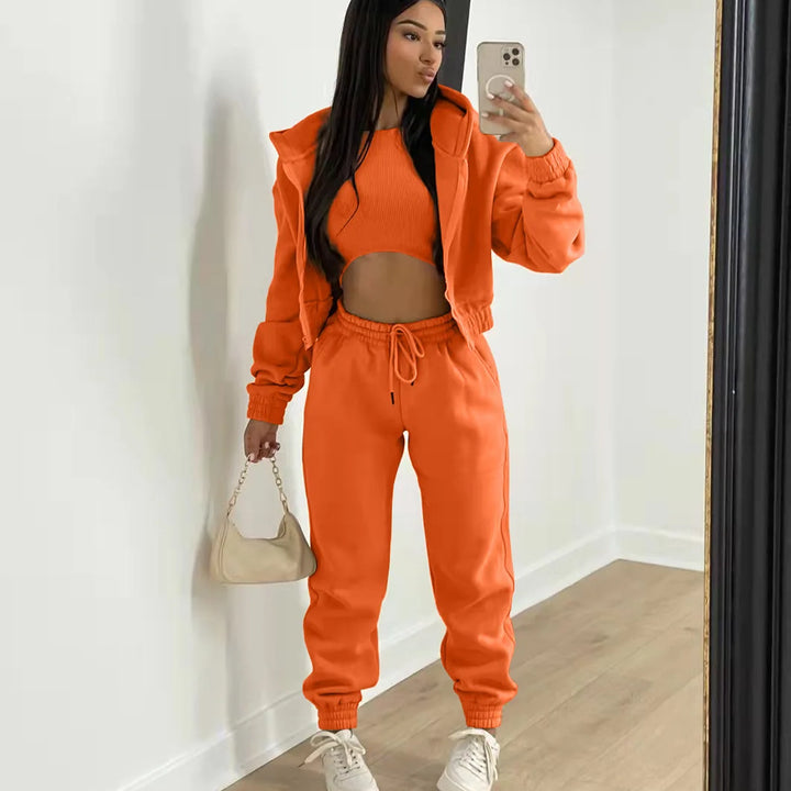 3pcs Women's Clothing Set Fleece-lined Hooded Sweater &Sleeveless Tank Top & Sports Sweatpants Pants