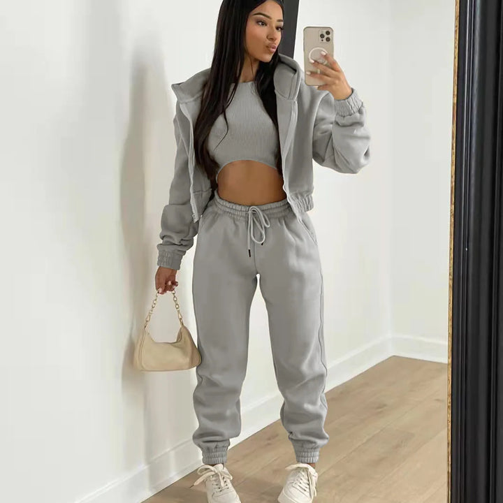 3pcs Women's Clothing Set Fleece-lined Hooded Sweater &Sleeveless Tank Top & Sports Sweatpants Pants